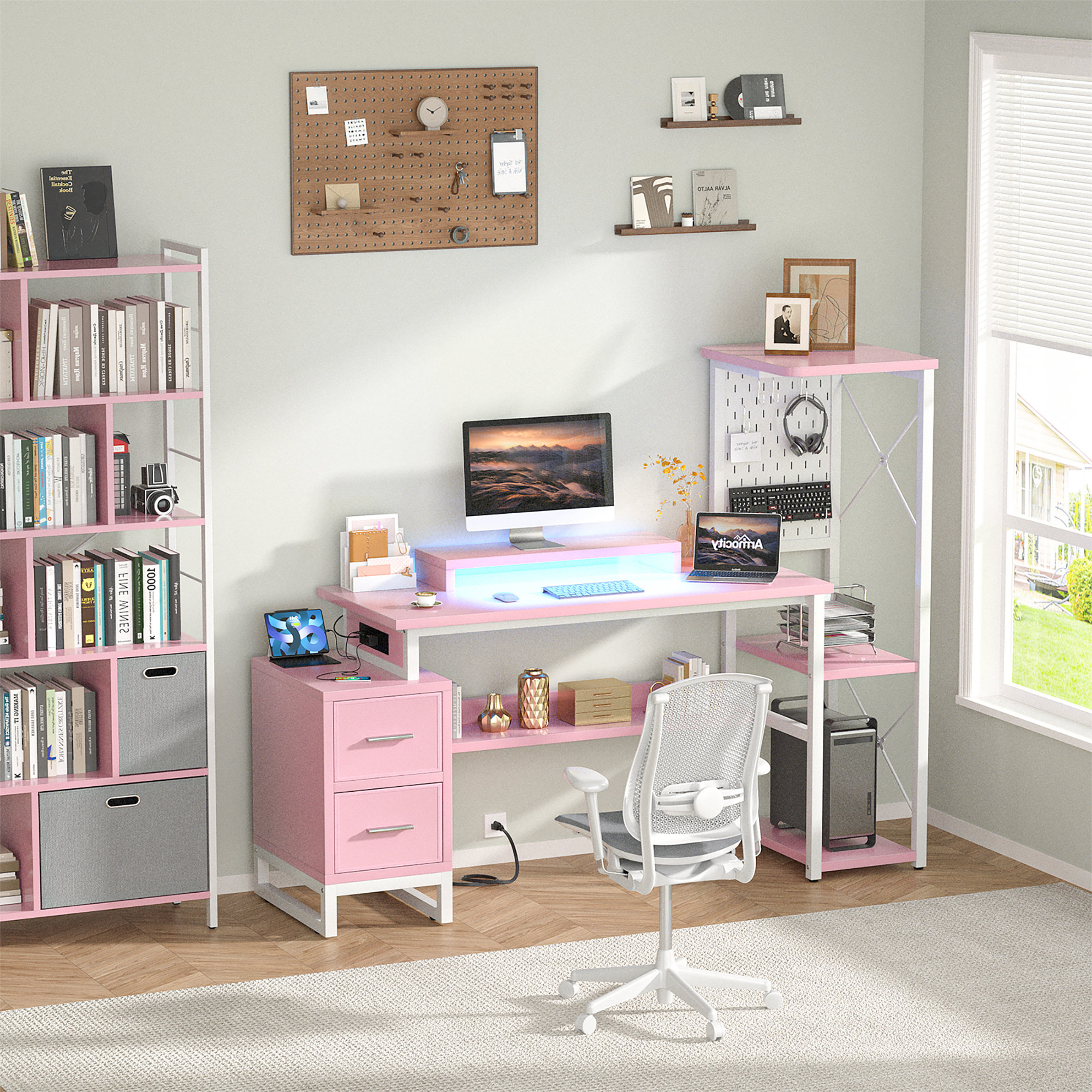 Inbox Zero Reversible L Shaped Desk With Power Outlets, LED Lights