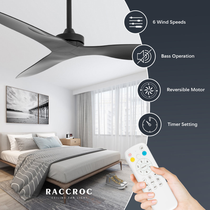 Ventilateur de plafond de 52 pouces sans éclairage avec télécommande, moteur à courant continu réversible moderne, intérieur, ventilateurs de plafond à 3 pales pour chambre à coucher / salon, ventilateur de plafond noir