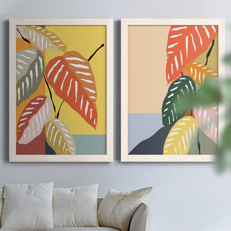 Plante tropicale I - ensemble de 2 peintures sur toile encadrées, H 44 po x l 31 po x P 1 po, Encadrement beige