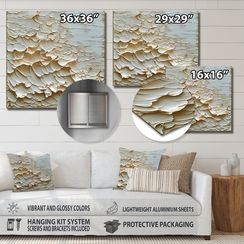 «Ascendant Light of Cream Waves Waters I», art mural moderne transitionnel en métal, H 16 po x l 16 po