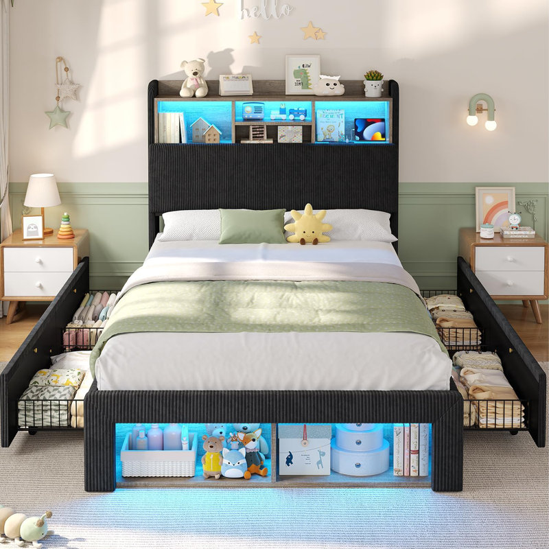 Upholstered Bed Frame With Spacious Storage Headboard, 5 Open Shelves, 2 Footboard Cubbies, Rgb Led Lights & Charging Station, No Box Spring Needed, Black