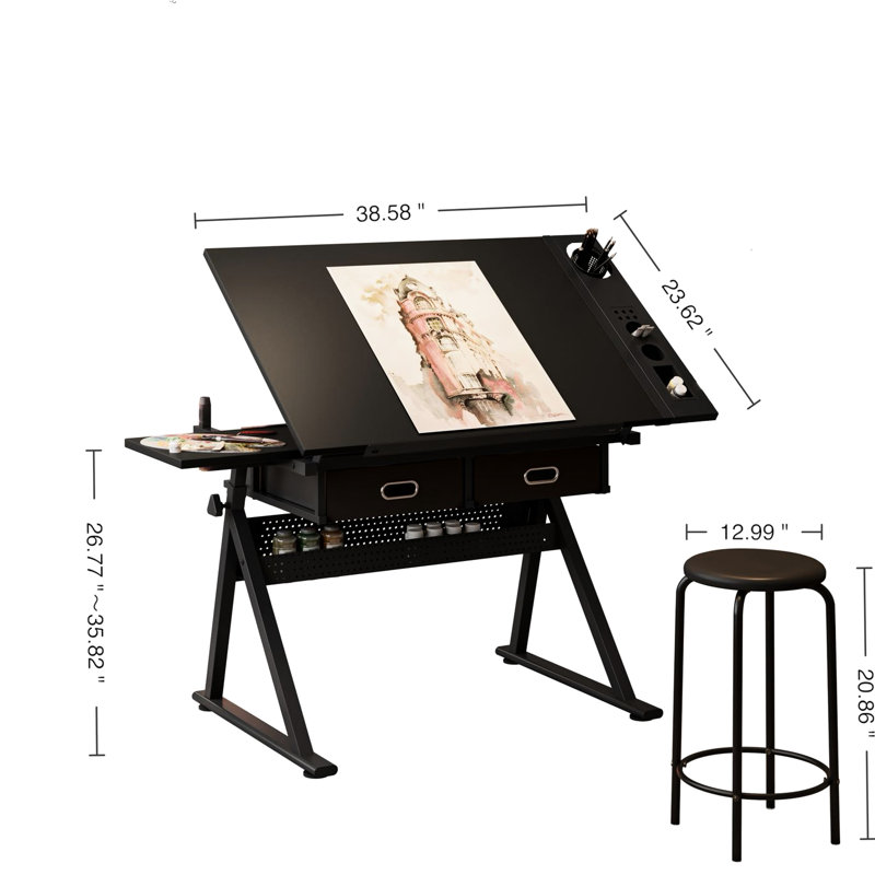 Table à dessin inclinable réglable de 0 à 75°, 2 grands tiroirs en tissu non tissé, rangements latéraux en métal, pattes de table, tabouret supportant jusqu'à 150 kg, hauteur 68 cm x 91 cm, profondeur 98,4 cm, largeur 61,8 cm, poids 21,3 kg