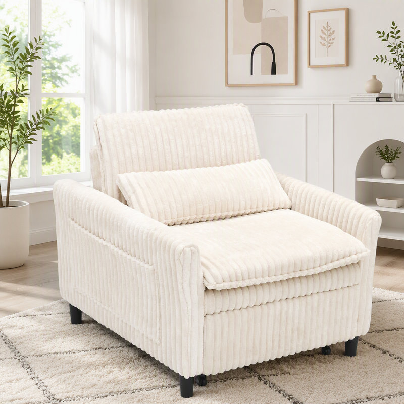 Comfortable Corduroy Accent Chair with Pillow for Small Spaces, Beige