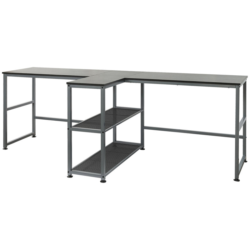 Two Person Computer Desk With 2 Storage Shelves, Double Desk Workstation With Book Shelf, Long Desk Table For Home Office
