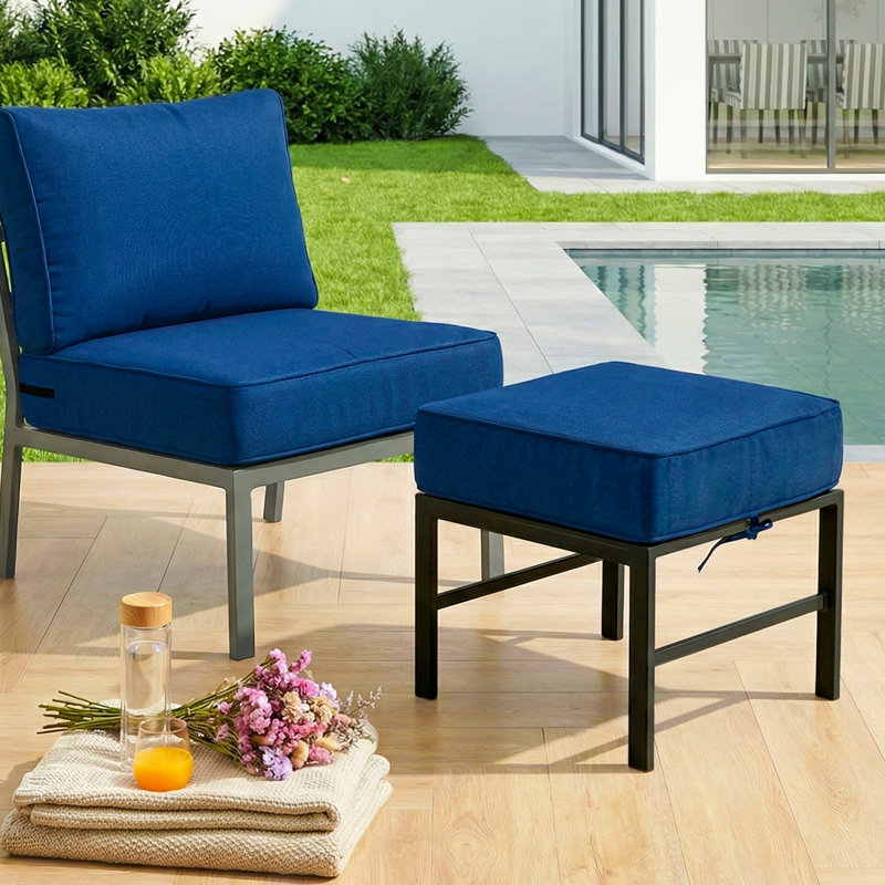 Repose-pieds d'extérieur avec coussin Arusha, Noir, Bleu