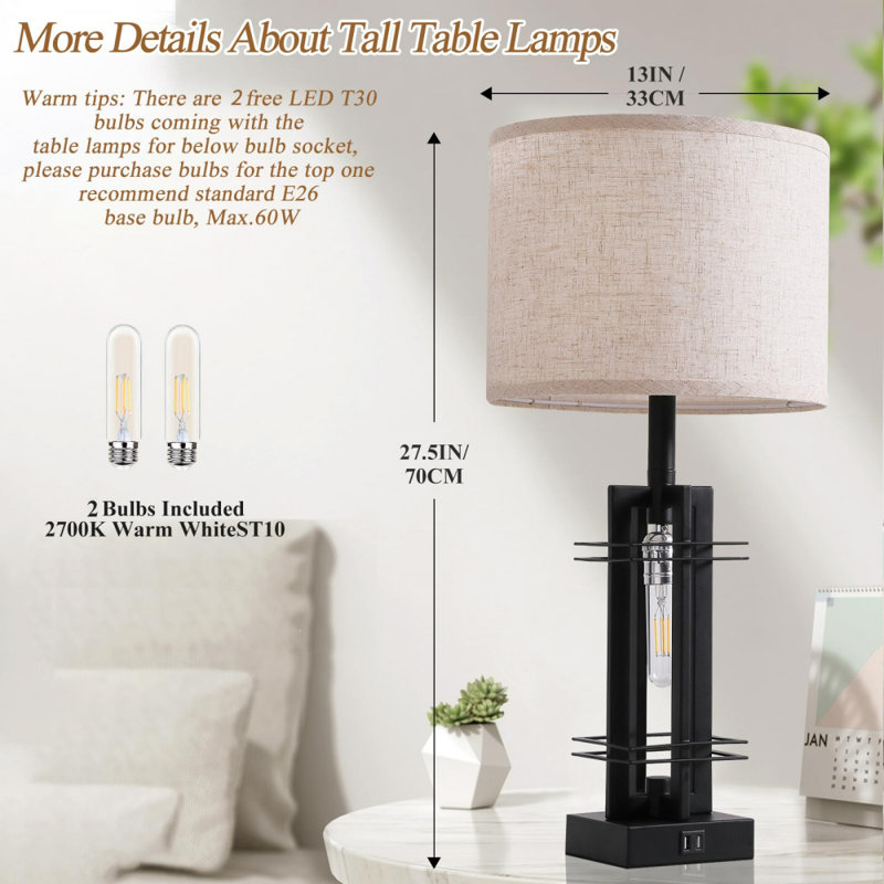 Black Industrial Table Lamps Set with USB Ports and Cream Shades