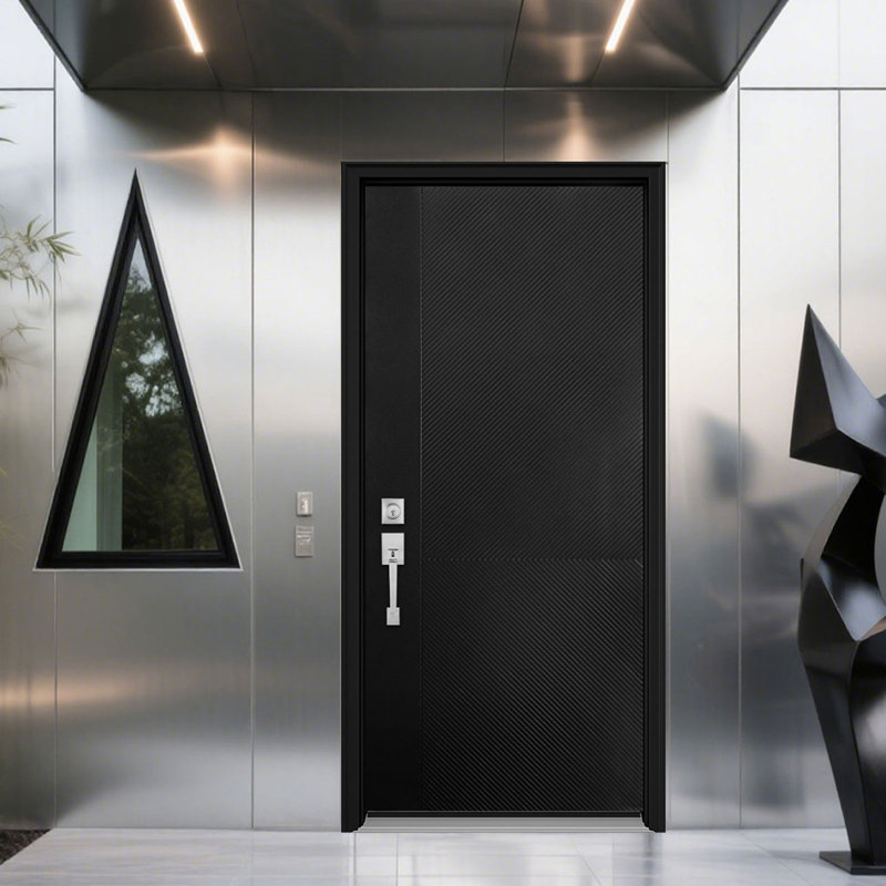 Porte d'entrée moderne en fibre de verre à finition texturée avec cadre en vinyle et moulure de brique, installation facile