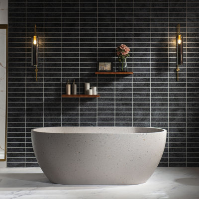 WOODBRIDGE 63" x 30-3/4" Concrete Soaking Bathtub, Freestanding Solid Surface Tub, Hand-Finished Inorganic Terrazzo, Terrazzo Variegated Gray, Sculptural Modern Design, Indoor & Outdoor Use