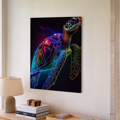 Canvas Neon Sea Turtle Canvasfuturistic Cyber Ocean Art In Rainbow Hues Wall Art Ready To Hang Gallery Wrapped Home Decor Modern Design