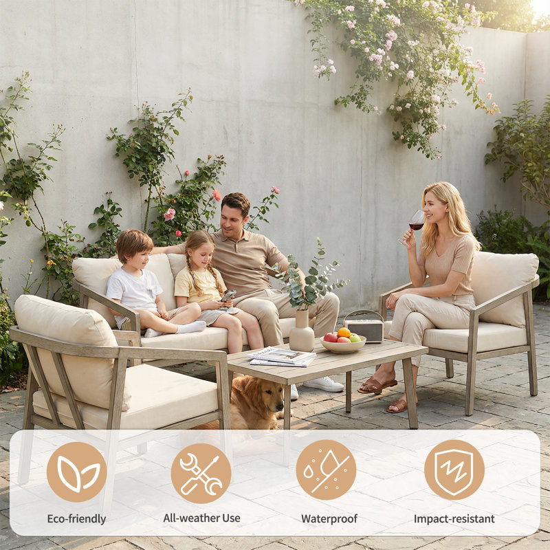 Gray Oak Aluminum Outdoor Patio Loveseat with Cushions, Beige, Gray Oak