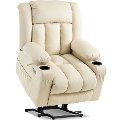 Fauteuil inclinable électrique à deux moteurs avec massage et chaleur, fauteuil inclinable électrique à position infinie avec USB A&C, porte-gobelets (T6010 - Similicuir, blanc crème, moyen)
