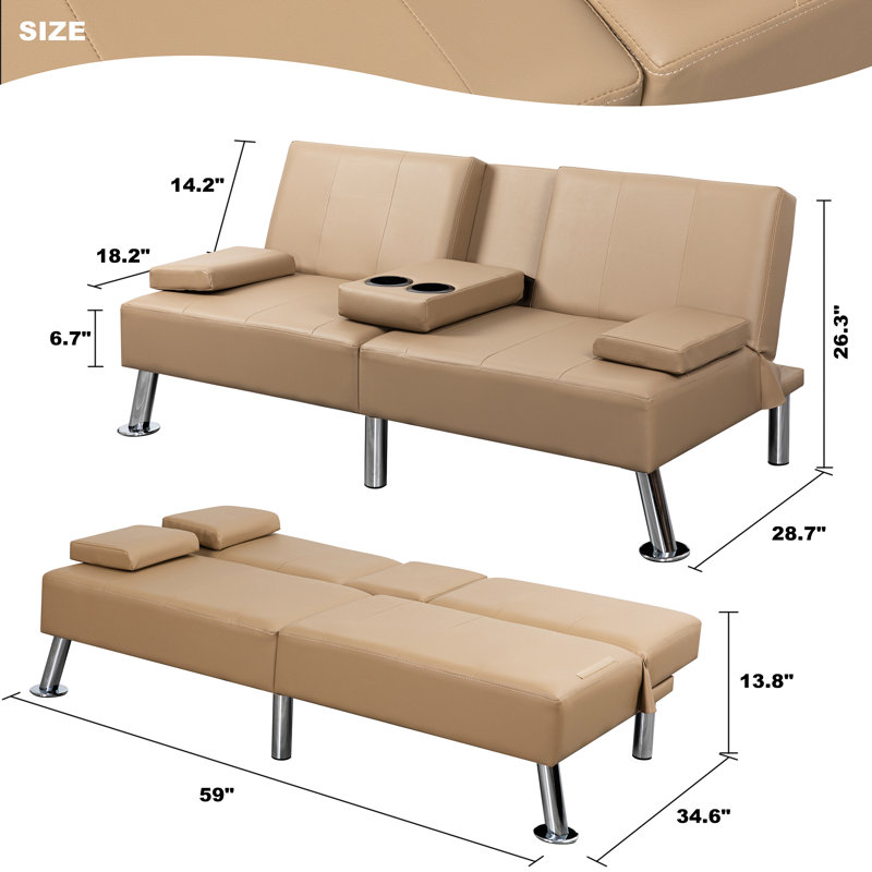 Modern Convertible Futon, Adjustable Folding Sofa Bed, Khaki Leather