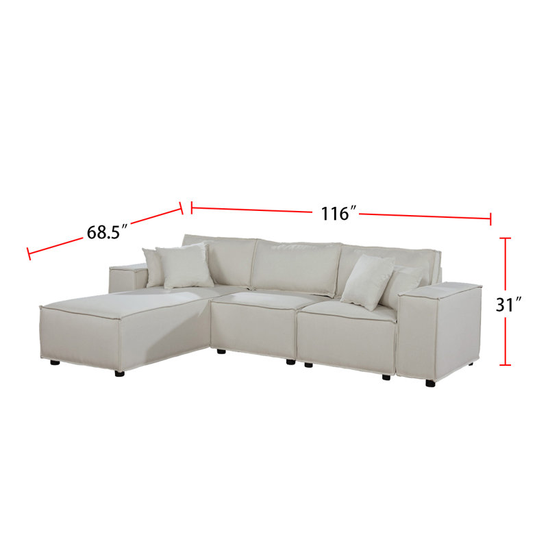 Upholstered L-Shaped Sectional Left Hand Facing, White Linen Blend, 31" H x 116" W x 68.5" D