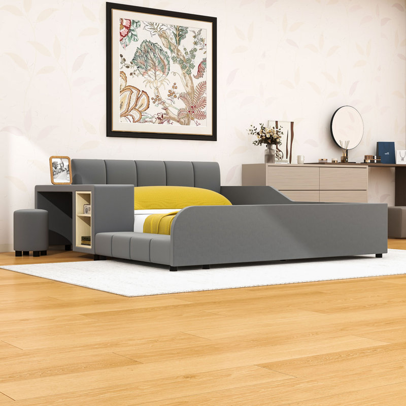 Lit plateforme tapissier en bois avec bureau de chevet, tabouret rond et tête de lit, Gris, Double