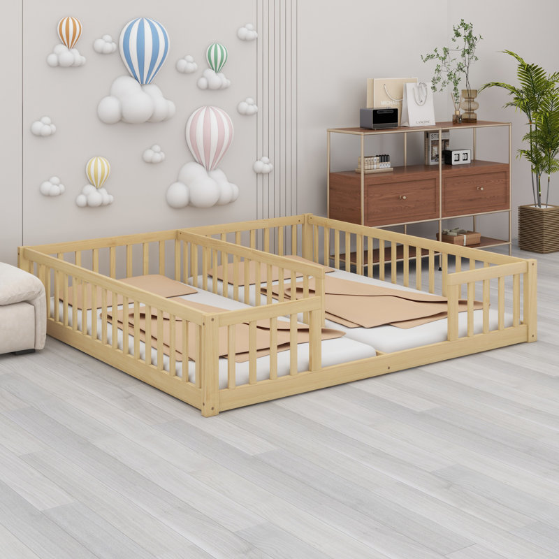 Double Twin Floor Bed With Fence And Guardrails, Natural