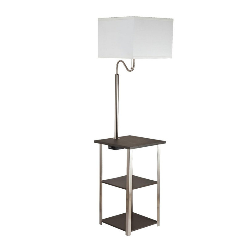 58" Tall" Dru" Square Side Table Floor Lamp with Charging and USB Port, Silver