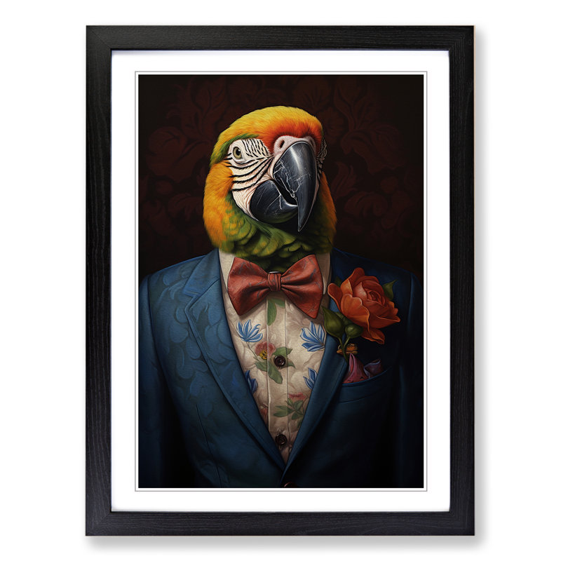 Parrot In A Suit Painting No.2 - Single Picture Frame Print on Wood, 64cm H x 46cm W x 2cm D, Black Framed