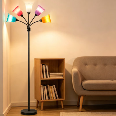 Medusa LED Floor Lamp, Multi Head Modern Tall Lamp with 5 Adjustable Gooseneck Arms, Standing Lamp for Living Room Bedroom Kids Room, 6 Color Tulip Lampshades Included, Bulbs Not Required