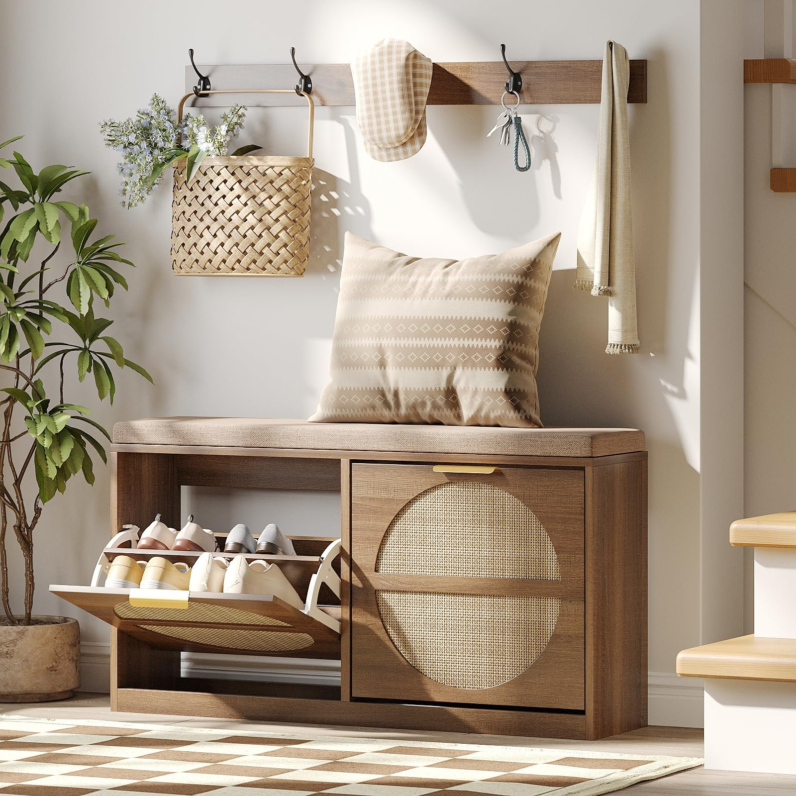 Rebrilliant Rattan Entryway Bench With Seat Cushion & Coat Rack & Reviews | Wayfair