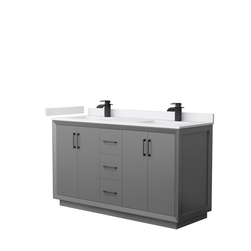 Ensemble de meuble-lavabo double 60 po Strada, Gris foncé, Noir mat, Marbre de culture blanc