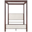 Queen Canopy Bed Made Of Rust Brown Metal, Beige Upholstered Headboard And , Vertical Grooves On Posts, Open - Frame For Airy Feel, Bedroom Essential Metal Bed, Headboard, Frame, Canopy, Box Spring