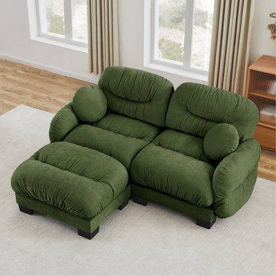 Canapé modulaire confortable en tissu chenille 2 places avec siège ergonomique en mousse haute densité, canapé modulaire en forme de L avec repose-pieds, accoudoirs arrondis arrondis et 2 coussins décoratifs ronds