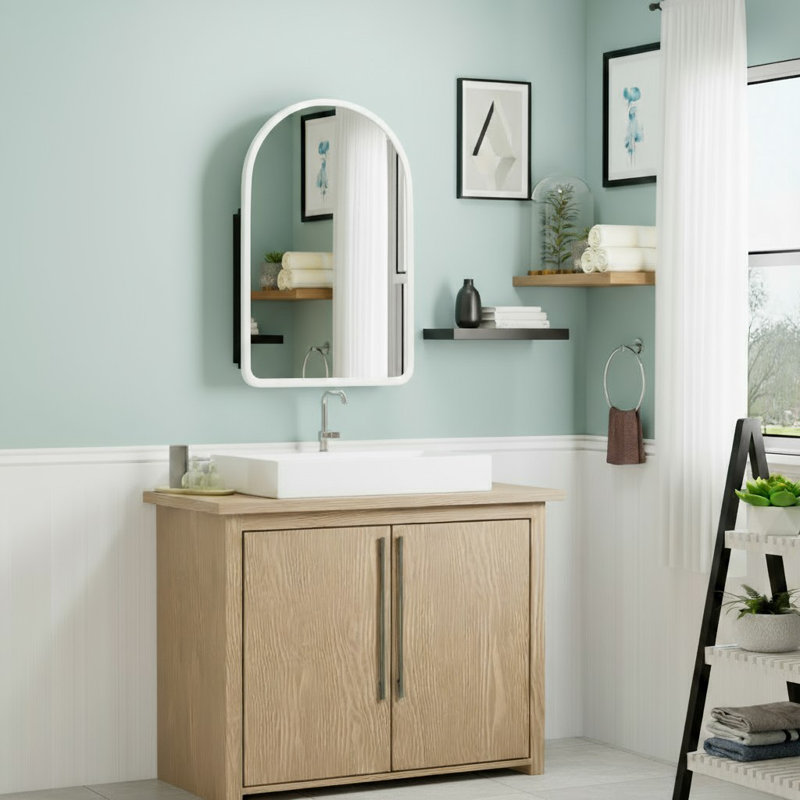 Pharmacie à arche encastrée ou à fixation en surface avec miroir et cadre en bois l 24 po x H 36 po, Blanc