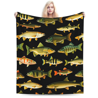 Bass and Perch Fish Blanket Throw Blanket Travel Blankets Print Air Conditioning Blankets for Sofa Bed, 50 x 60 in