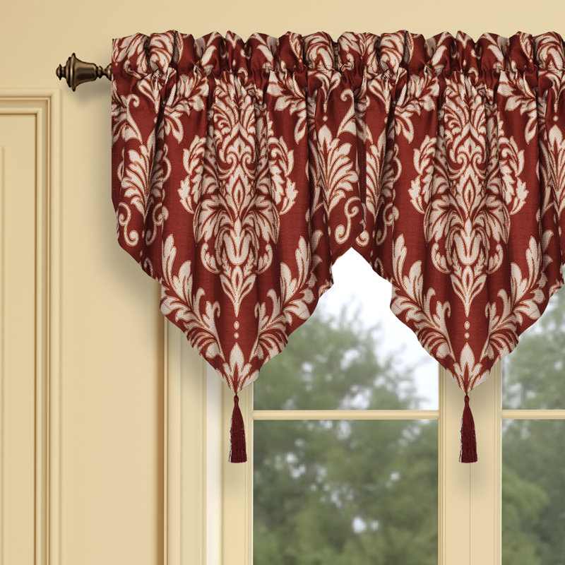 Elegant Red Damask Tassel Trim Window Valance