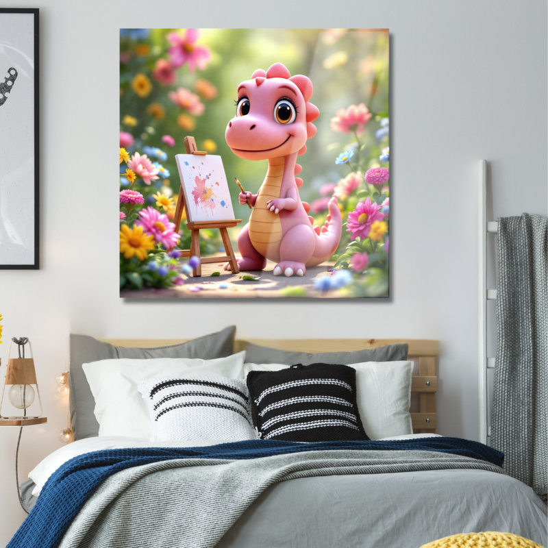 Art mural en verre trempé bébé dinosaure, H 30 po x l 30 po