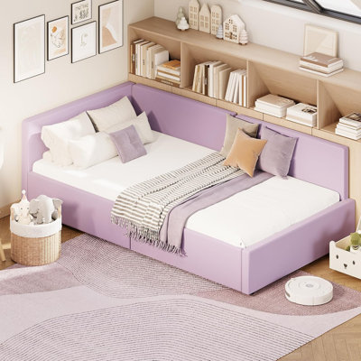 Lit de jour simple avec tête de lit, revêtement en velours violet | Cadre de lit en coin avec barrière de sécurité pour salon ou chambre à coucher, montage facile