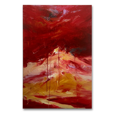 Abstrait art mural sur toile rouge montagne, rouge cramoisi rouge doré jaune, peinture de paysage texturé pour la maison de luxe industrielle Wabi-Sabi