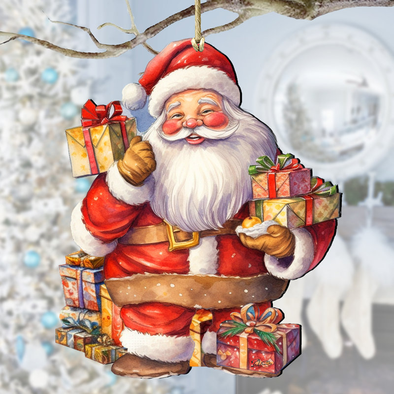 Ornement en bois «Joyeux père Noël avec cadeaux» par Debrekht