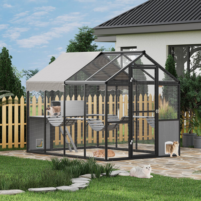 Grande cage extérieure pour chats multiples - Catio résistant aux intempéries avec couvercle UV, plateforme et porte latérale