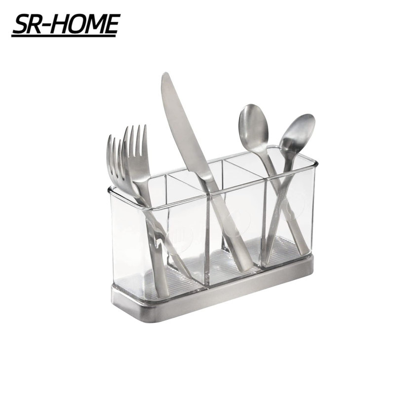 Clear Plastic and Stainless Steel Utensil Holder with 3 Compartments