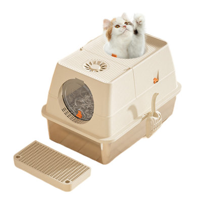 Bac à litière avec couvercle, bac à litière en métal à sortie supérieure avec pelle et tapis pour chats et lapins (L 23,6 po x l 15,4 po x H 15,7 po)