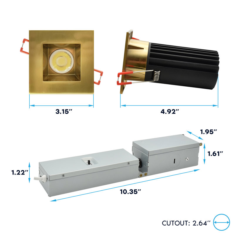 Luminaire sans lumière à DEL 2 pouces Luxrit avec garniture carrée en laiton interchangeable 5CCT CRI90 Luxrite, intensité variable, 14 / 20W, faisceau 60 °, 1200 / 1700LM, paquet de 6 120-277V
