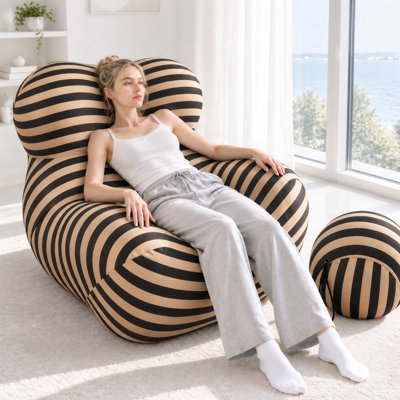 Méridienne rayée ergonomique incurvée avec repose-pieds sphérique assorti, chaise d'appoint de loisirs en éponge à haute élasticité solide sans cadre pour le salon de la chambre à coucher