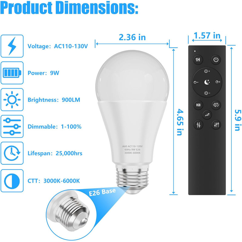 2 Pack A19 Led Light Bulbs With Remote Control