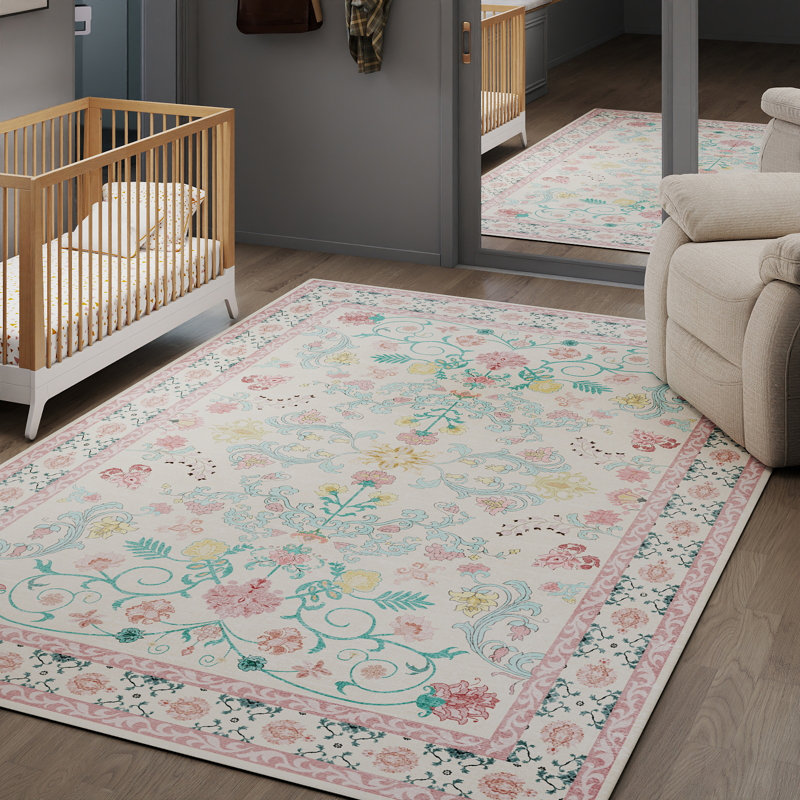 Living Room Rug 5x7 ft Pink Area Rug Machine Washable Rug, Non Slip Vintage Rug Stain Resistant Indoor Large Carpet for Bedroom, Distressed Retro Floor Rug for Classroom, Dorm, Dining Room