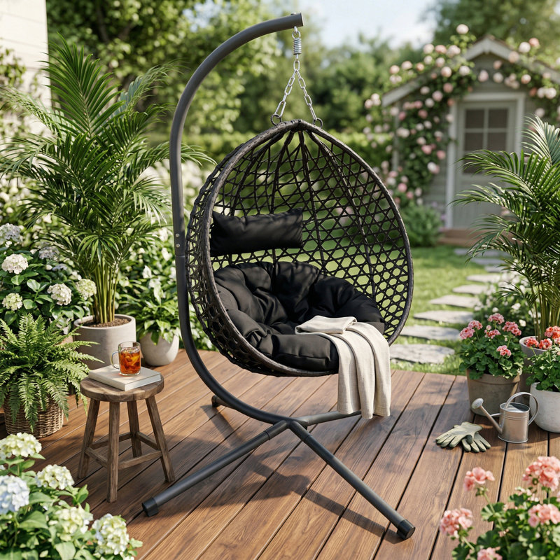Fauteuil à œufs pliant d'extérieur suspendu en rotin avec support, Black, Black