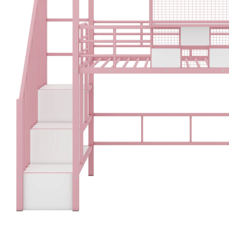 Lit mezzanine simple en métal avec toit et boîte de rangement, Rose