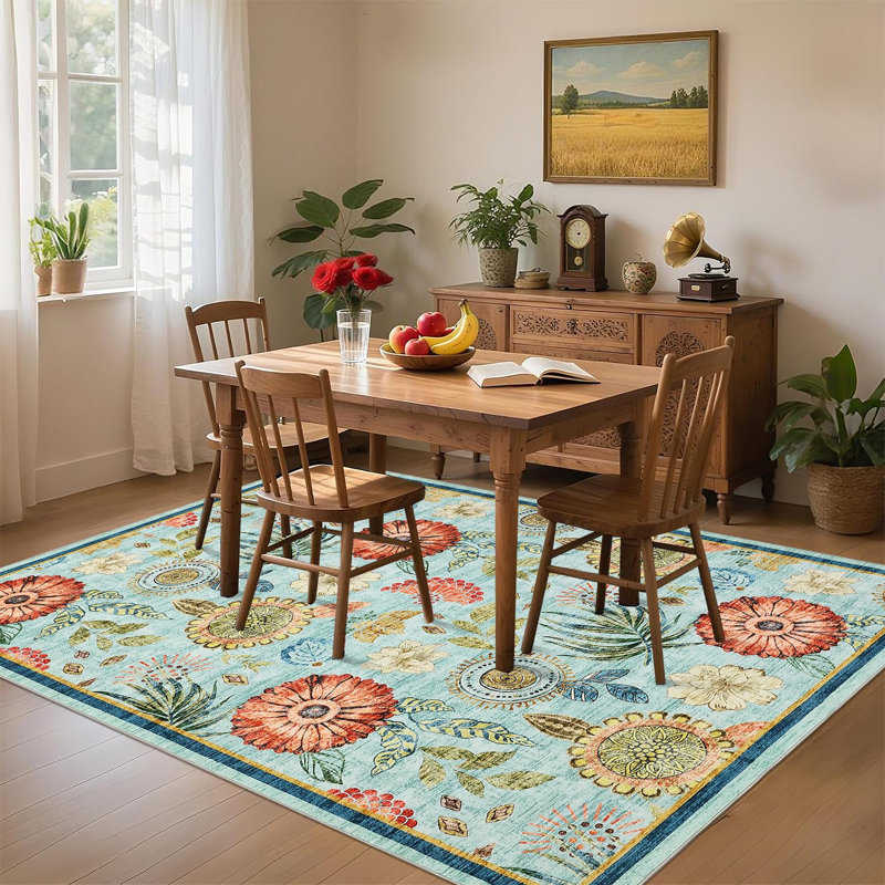 Farmhouse Floral Rug 5x7 Washable Rug for Living Room, Non Slip Non Shedding Carpets, Soft Thin Non Shedding Floor Covering, Low Pile Foldable Printed Mats for Bedroom Nursery, Blue