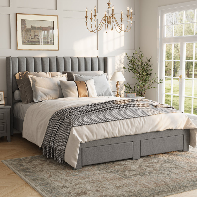 Structure de lit double, structure de lit tapissier en velours avec tête de lit à oreilles, 2 tiroirs de rangement, aucun sommier tapissier requis, gris