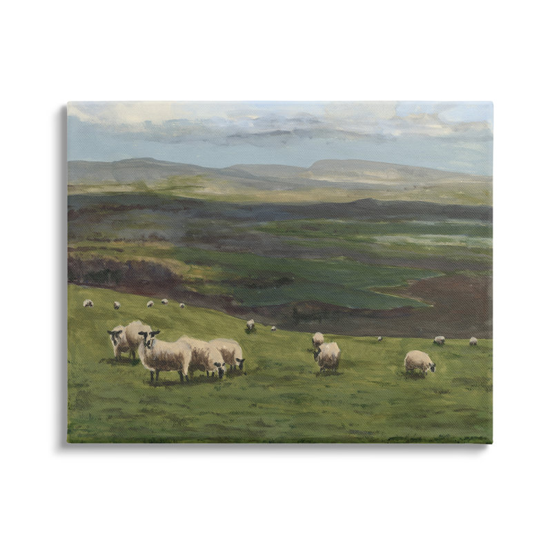 Troupeau de moutons broutant sur toile, H 16 po x l 20 po x P 1,5 po