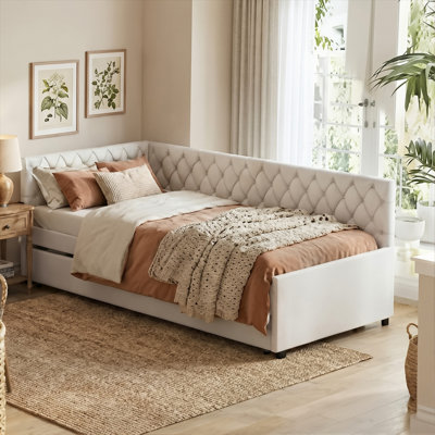 Velvet Corner Daybed With Trundle, Upholstered Guest Sofa Bed With Button Tufting, European Single (90X200cm) (Mattress Not Included)