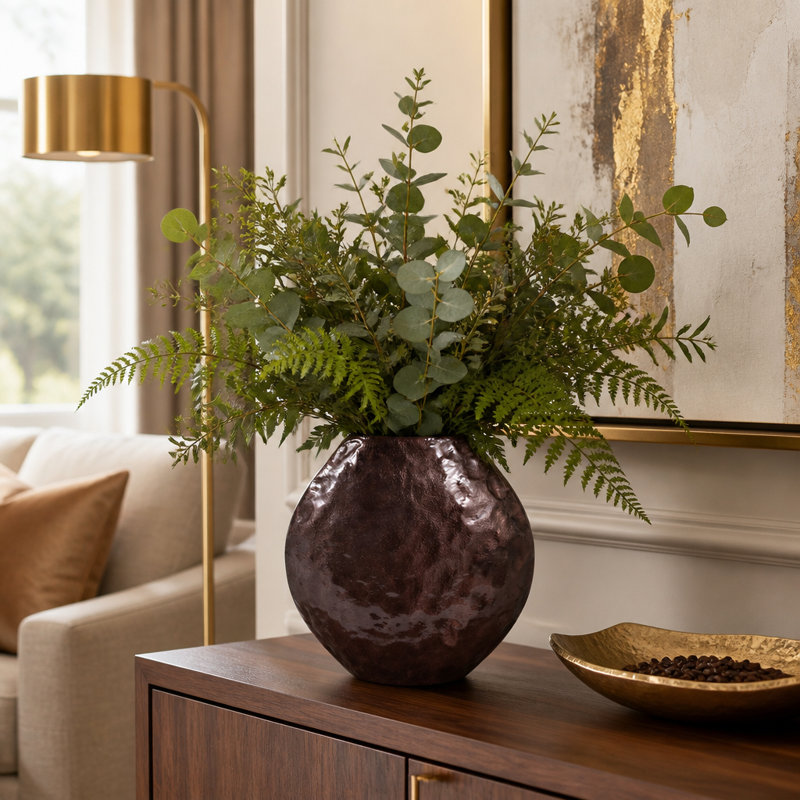 Tall Sculpted Round Metal Vase For Home Decor - Textured Flower Vase For Table Centerpiece, Shelf Accent, Or Entryway Decor