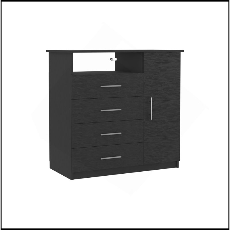 Commode 4 tiroirs, 1 tablette ouverte, plateau supérieur, armoire à porte simple, Noir