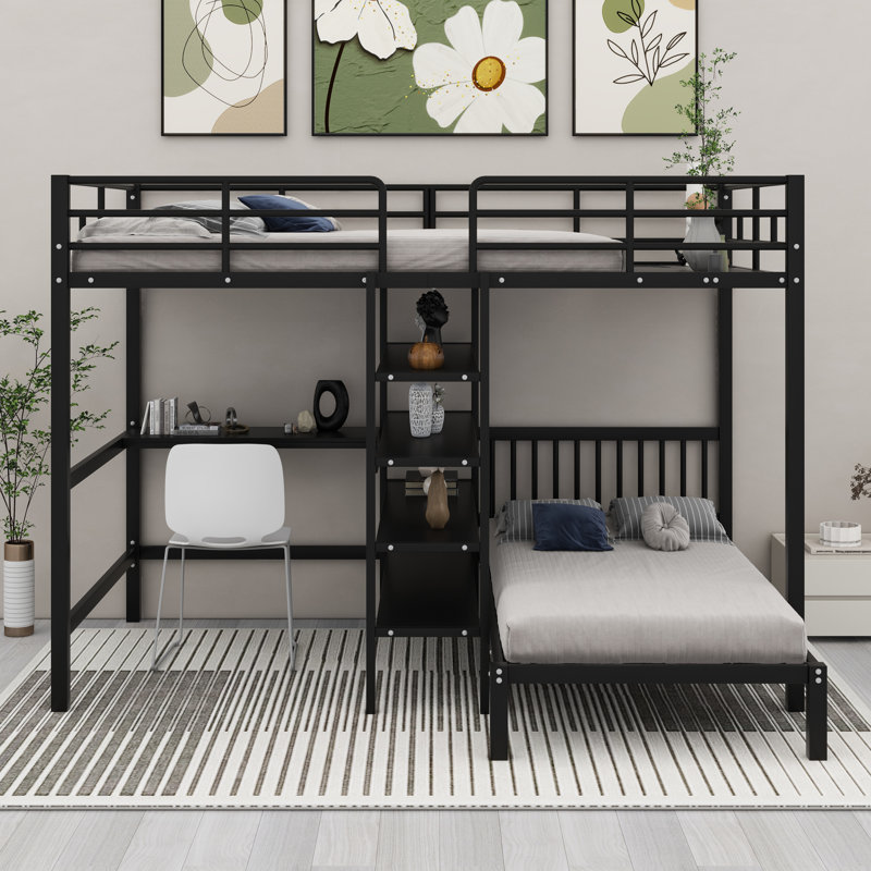 Lit superposé en métal en L avec tablettes de rangement, échelles et bureau
