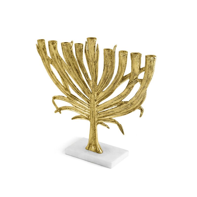 Palm Small Menorah, Antique Gold/White